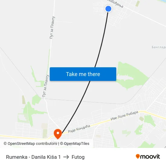 Rumenka - Danila Kiša 1 to Futog map