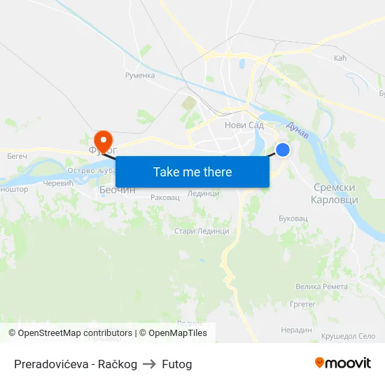 Preradovićeva - Račkog to Futog map