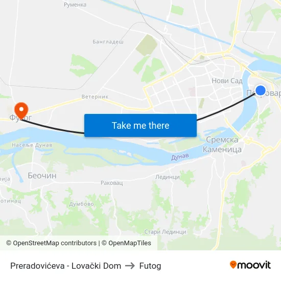 Preradovićeva - Lovački Dom to Futog map