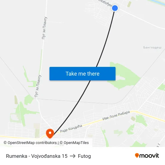 Rumenka - Vojvođanska 15 to Futog map