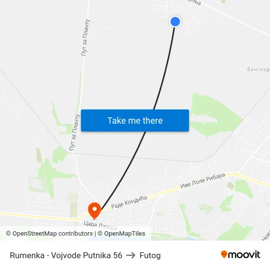 Rumenka - Vojvode Putnika 56 to Futog map