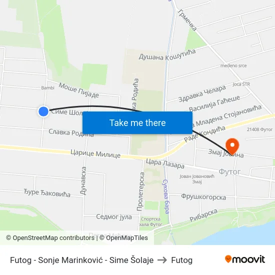 Futog - Sonje Marinković - Sime Šolaje to Futog map