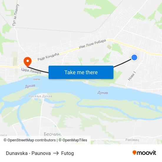 Dunavska - Paunova to Futog map