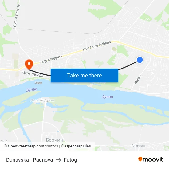 Dunavska - Paunova to Futog map