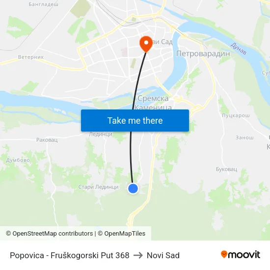 Popovica - Fruška Gora Road 368 to Novi Sad map