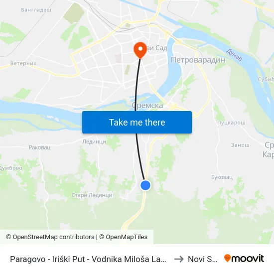 Paragovo - Iriški Put - Vodnika Miloša Lasice to Novi Sad map