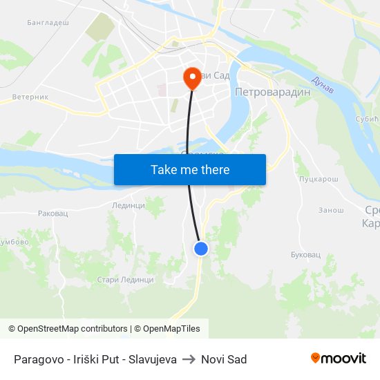 Paragovo - Iriški Put - Slavujeva to Novi Sad map