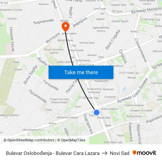 Bulevar Oslobođenja - Bulevar Cara Lazara to Novi Sad map