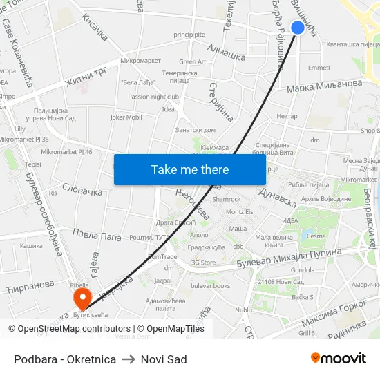 Podbara - Okretnica to Novi Sad map
