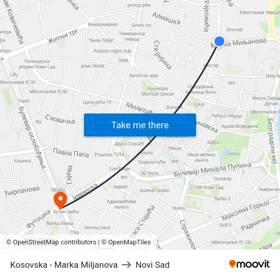 Kosovska - Marka Miljanova to Novi Sad map