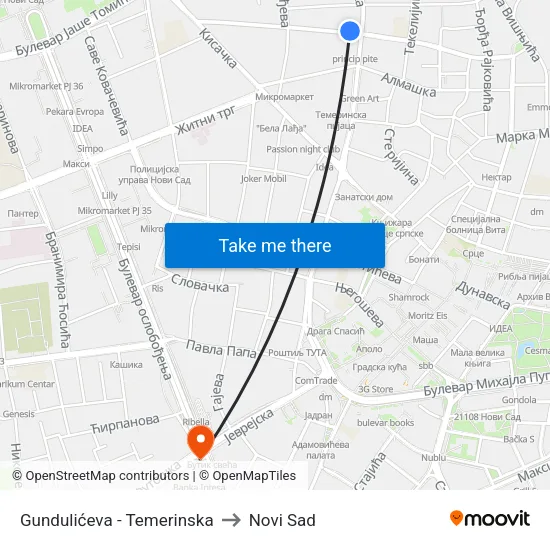 Gundulićeva - Temerinska to Novi Sad map
