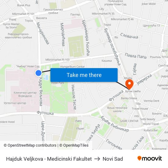 Hajduk Veljkova - Medicinski Fakultet to Novi Sad map