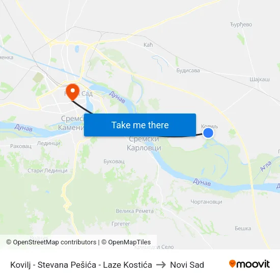 Kovilj - Stevana Pešića - Laze Kostića to Novi Sad map