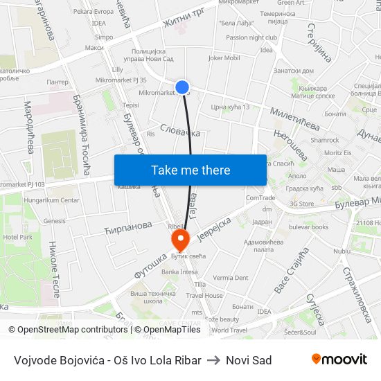 Vojvode Bojovića - Oš Ivo Lola Ribar to Novi Sad map