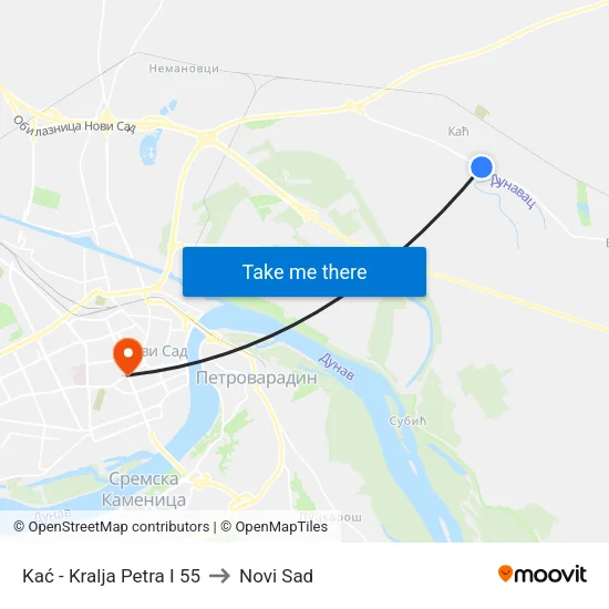 Kać - Kralja Petra I 55 to Novi Sad map