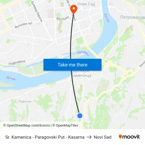 Sr. Kamenica - Paragovski Put - Kasarna to Novi Sad map