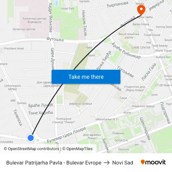 Bulevar Patrijarha Pavla - Bulevar Evrope to Novi Sad map