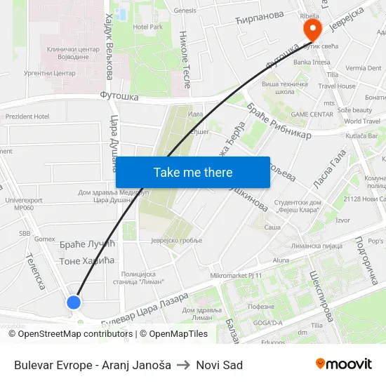 Bulevar Evrope - Aranj Janoša to Novi Sad map