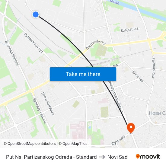 Put Ns. Partizanskog Odreda - Standard to Novi Sad map