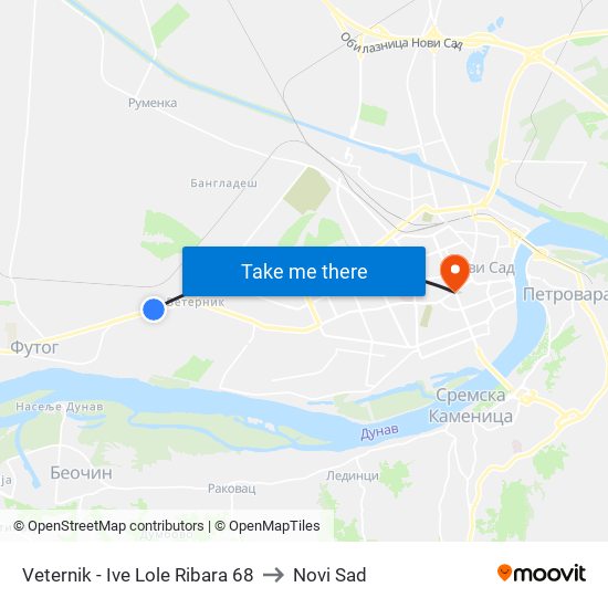 Veternik - Ive Lole Ribara 68 to Novi Sad map