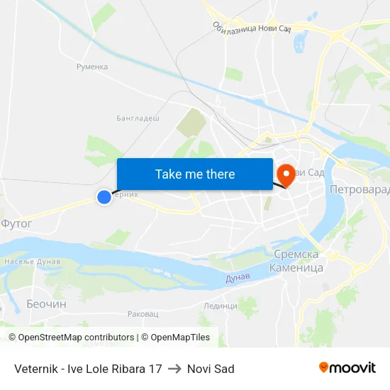 Veternik - Ive Lole Ribara 17 to Novi Sad map