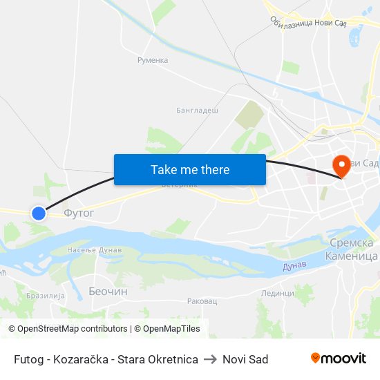 Futog - Kozaračka - Stara Okretnica to Novi Sad map