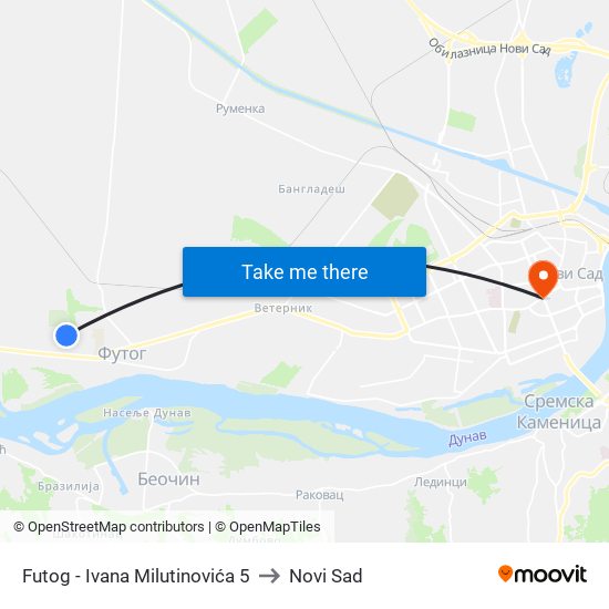 Futog - Ivana Milutinovića 5 to Novi Sad map