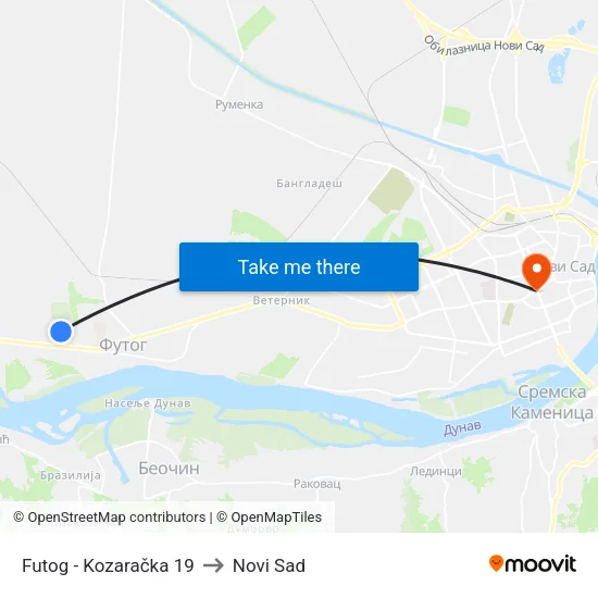 Futog - Kozaračka 19 to Novi Sad map