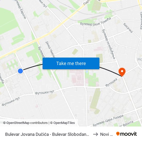 Bulevar Jovana Dučića - Bulevar Slobodana Jovanovića to Novi Sad map