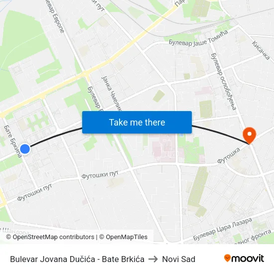 Bulevar Jovana Dučića - Bate Brkića to Novi Sad map