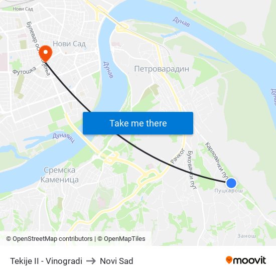 Tekije II - Vinogradi to Novi Sad map