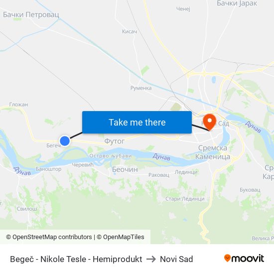 Begeč - Nikole Tesle - Hemiprodukt to Novi Sad map