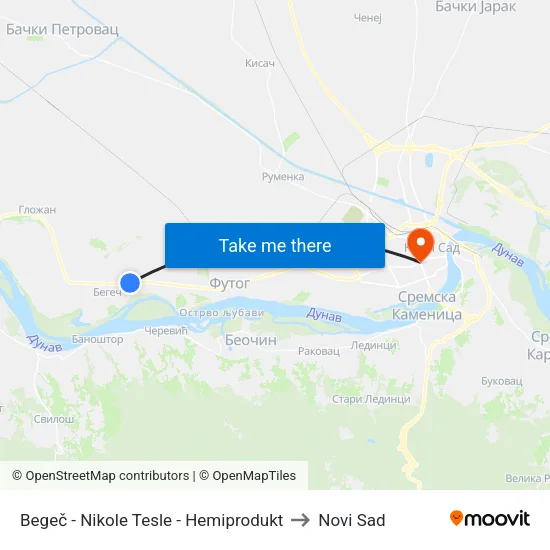 Begeč - Nikole Tesle - Hemiprodukt to Novi Sad map