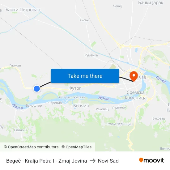 Begeč - Kralja Petra I - Zmaj Jovina to Novi Sad map