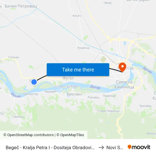 Begeč - Kralja Petra I - Dositeja Obradovića to Novi Sad map