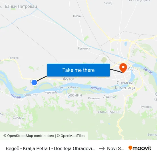 Begeč - Kralja Petra I - Dositeja Obradovića to Novi Sad map