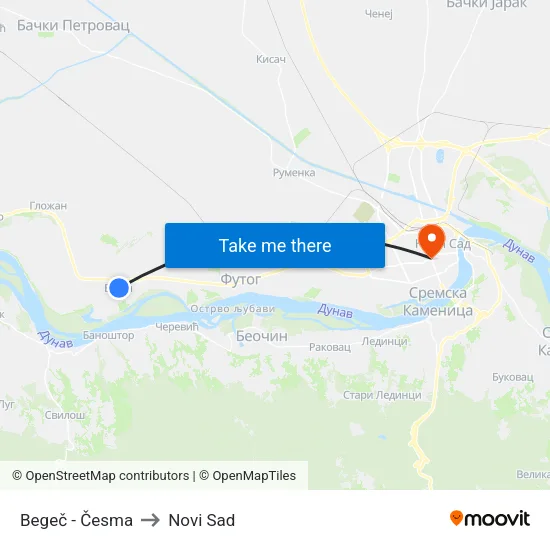 Begeč - Česma to Novi Sad map