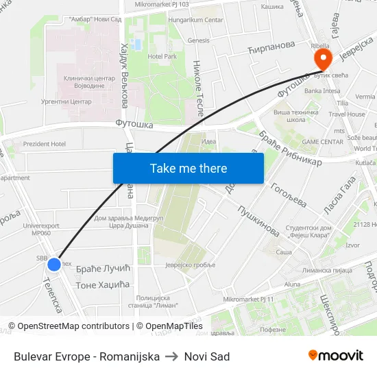 Bulevar Evrope - Romanijska to Novi Sad map