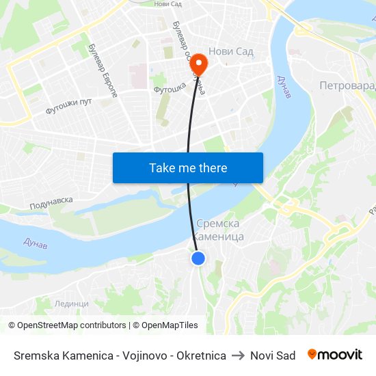 Sremska Kamenica - Vojinovo - Okretnica to Novi Sad map