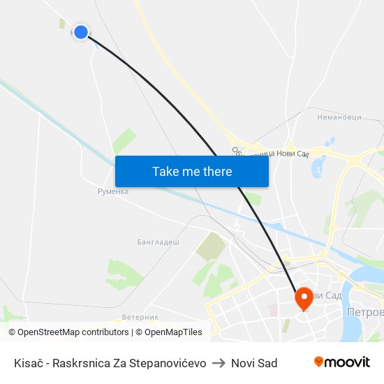 Kisač - Raskrsnica Za Stepanovićevo to Novi Sad map