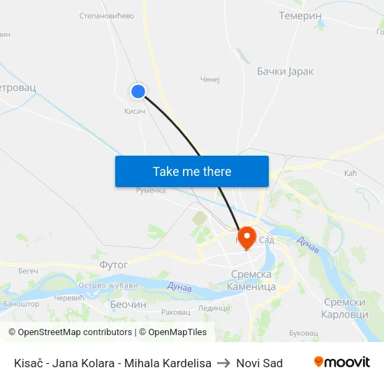 Kisač - Jana Kolara - Mihala Kardelisa to Novi Sad map