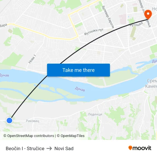 Beočin I - Stručice to Novi Sad map