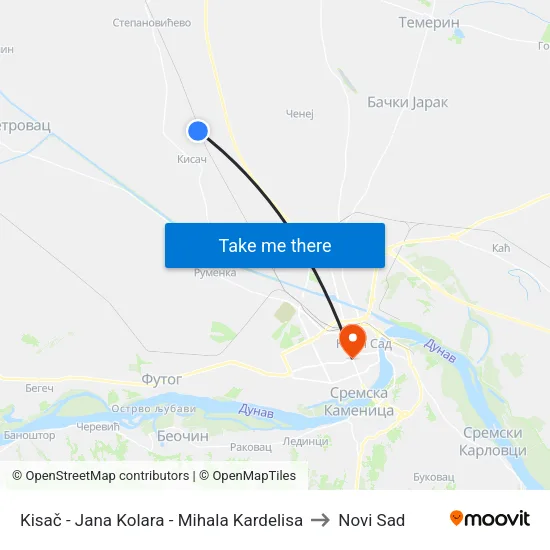 Kisač - Jana Kolara - Mihala Kardelisa to Novi Sad map