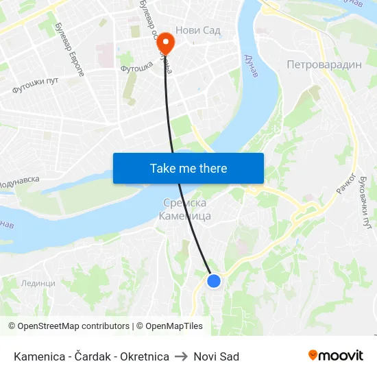 Kamenica - Čardak - Okretnica to Novi Sad map