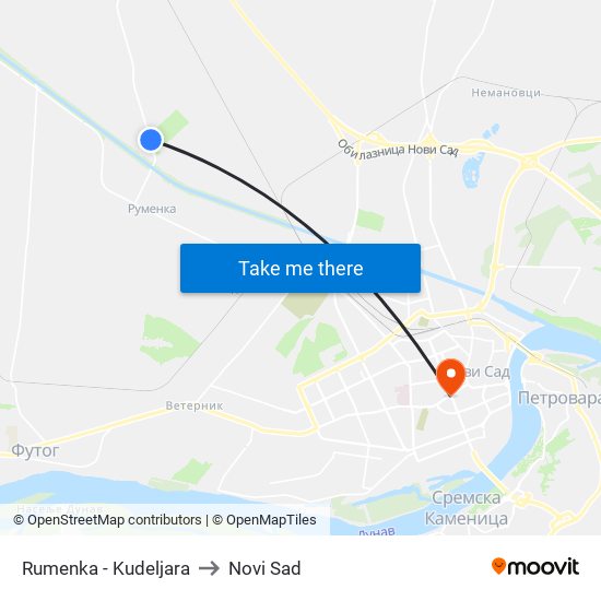 Rumenka - Kudeljara to Novi Sad map