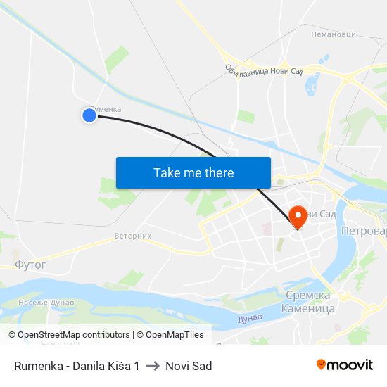 Rumenka - Danila Kiša 1 to Novi Sad map