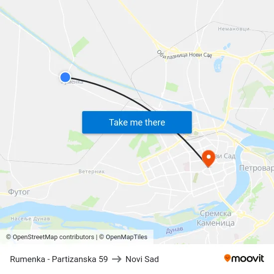Rumenka - Partizanska 59 to Novi Sad map