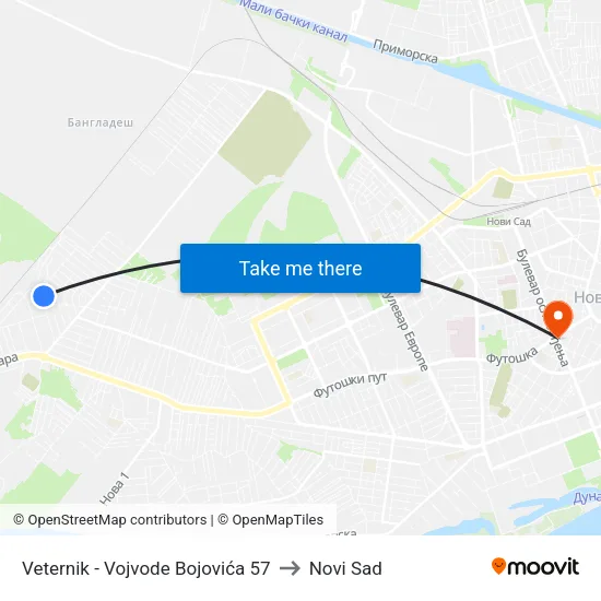 Veternik - Vojvode Bojovića 57 to Novi Sad map