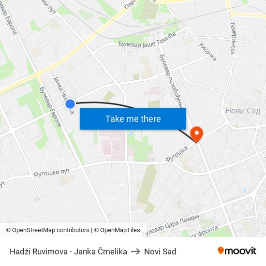 Hadži Ruvimova - Janka Čmelika to Novi Sad map