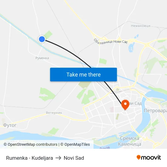 Rumenka - Kudeljara to Novi Sad map